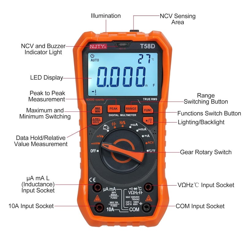 T58D Digital Multimeter 9999 Counts AC DC Voltage Capacitance Tester NCV Detection for Electrician DIY - Image 4