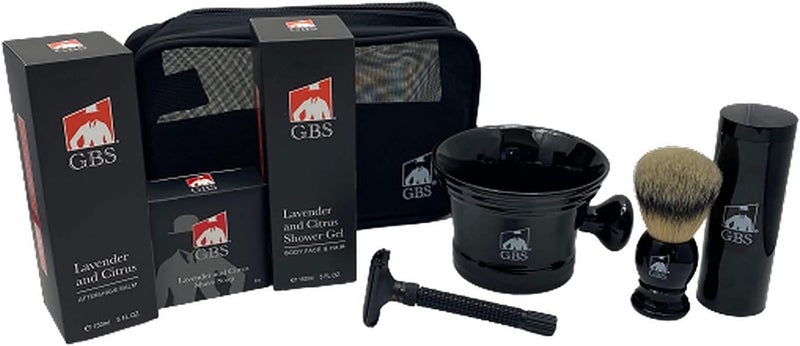 GBS Black Deluxe Razor Set Butterfly Opening De Adjustable Razor Shaving Bowl Soap Shower Gel and Aftershave Balm