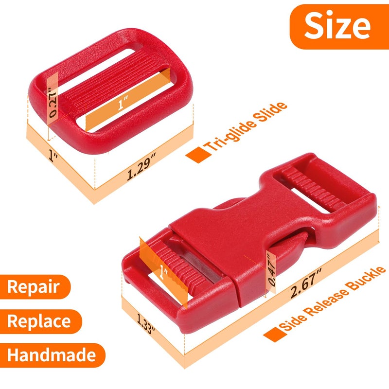 BEYOURD Buckle and Strap Set, 10 Yards Polyester Webbing Strap with 6 Pack Dual Adjustable Side Release Plastic Buckles, 12 Pieces Tri-Glide Slider Clips for Dog Collar (Everyday Series 1 Inch, Red) - Image 5