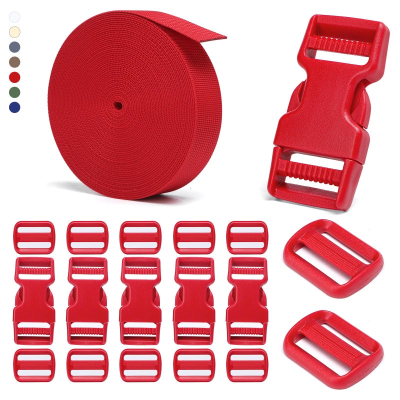 BEYOURD Buckle and Strap Set, 10 Yards Polyester Webbing Strap with 6 Pack Dual Adjustable Side Release Plastic Buckles, 12 Pieces Tri-Glide Slider Clips for Dog Collar (Everyday Series 1 Inch, Red) - Image 1