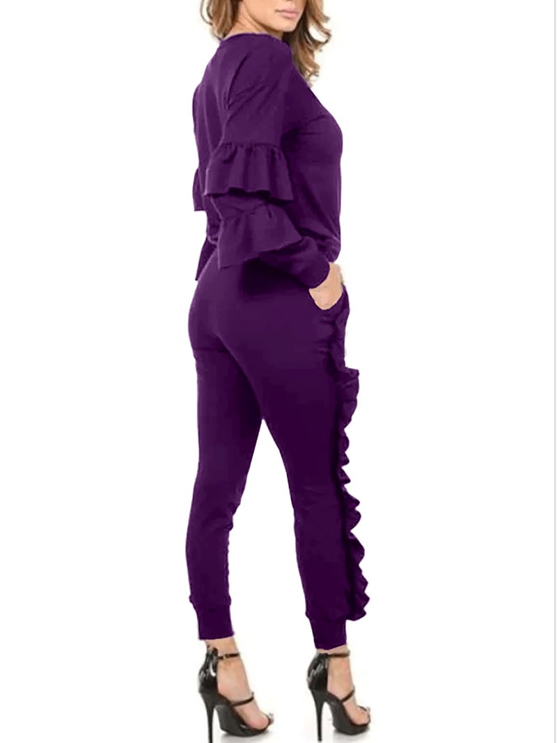 Kansoon Womenâ€™s 2 Piece Outfits Ruffle Sleeve Top and Flounce Trim Pants Sweatsuit Set Tracksuits Purple M - Image 4