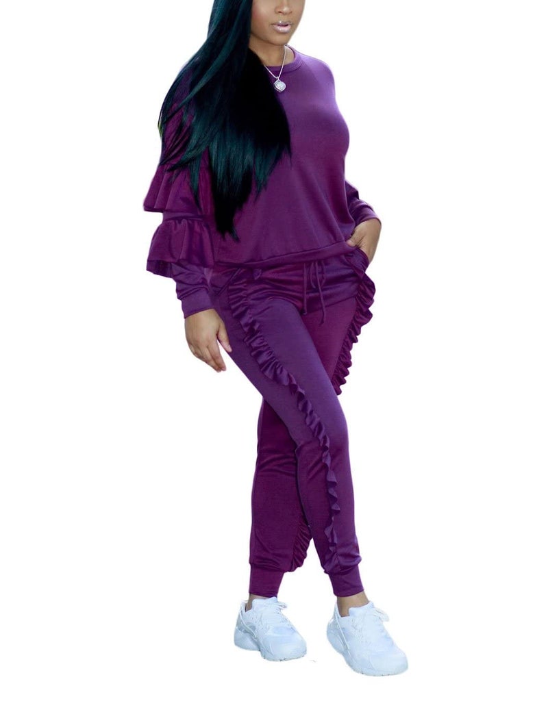 Kansoon Womenâ€™s 2 Piece Outfits Ruffle Sleeve Top and Flounce Trim Pants Sweatsuit Set Tracksuits Purple M - Image 2