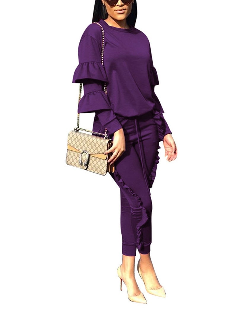 Kansoon Womenâ€™s 2 Piece Outfits Ruffle Sleeve Top and Flounce Trim Pants Sweatsuit Set Tracksuits Purple M - Image 1