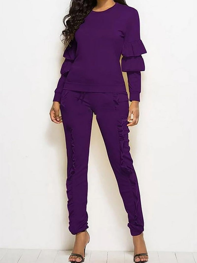Kansoon Womenâ€™s 2 Piece Outfits Ruffle Sleeve Top and Flounce Trim Pants Sweatsuit Set Tracksuits Purple M - Image 5