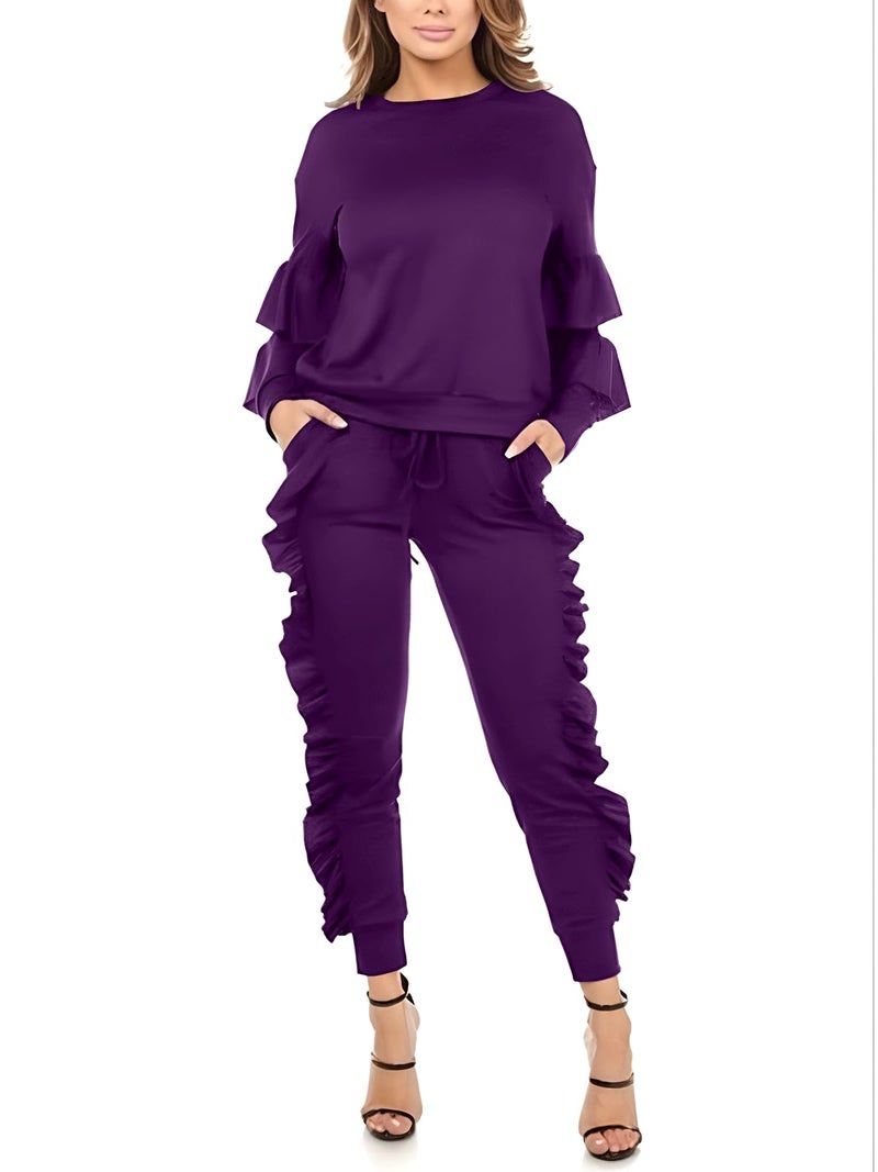 Kansoon Womenâ€™s 2 Piece Outfits Ruffle Sleeve Top and Flounce Trim Pants Sweatsuit Set Tracksuits Purple M - Image 3