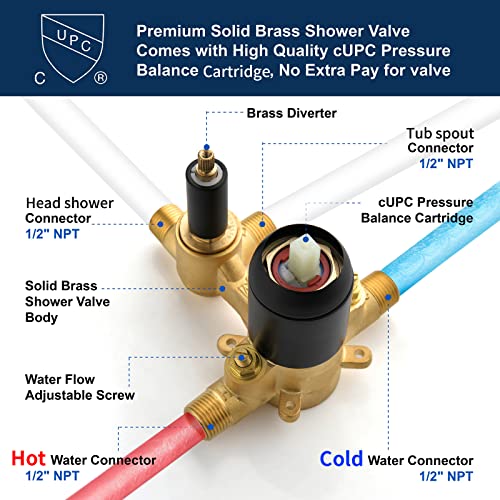 DIFEINI Tub Shower Faucet Combo Set Matte Black Shower Faucet Set with Tub Spout Tub and Shower Valve Trim Kit Shower System All Metal Shower Fixtures Wall Mount - Image 5