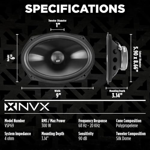NVX® VSP69 6x9 Premium Car Speakers, 900W Max, 300W RMS, 2-Way Coaxial w/ 1" Silk Dome Tweeters & Built-in X-Overs, Easy to Install in Cars/Trucks/Doors (Pair) - Image 3