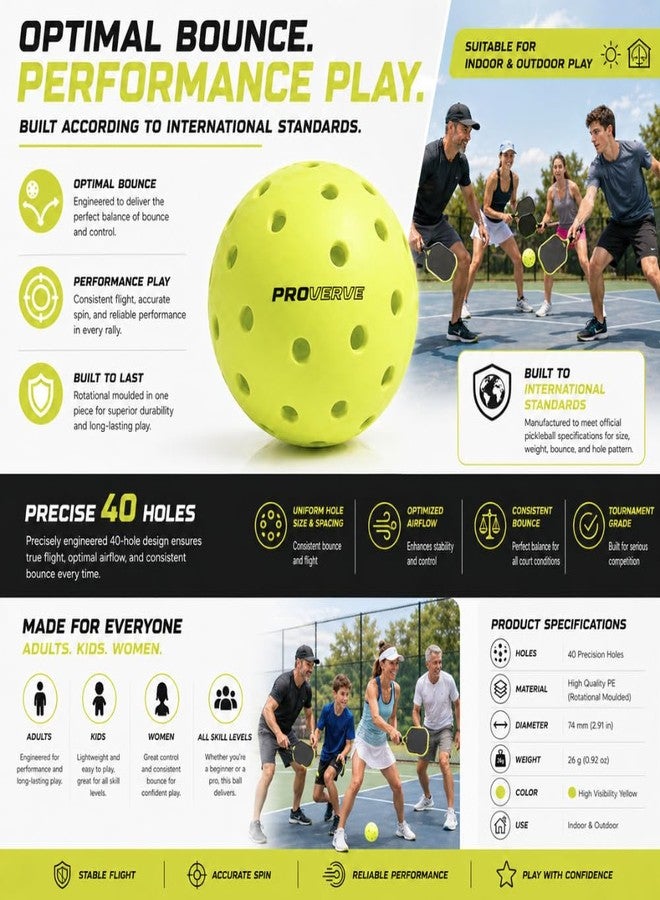 PROVERVE® Pickleball Ball | Seamless Rotational Moulded | True Bounce 40-Hole Design | 1 Piece, Durable High-Performance Ball for All Tournament | Stable Flight Premium Balls (Pack of 3) - Image 4