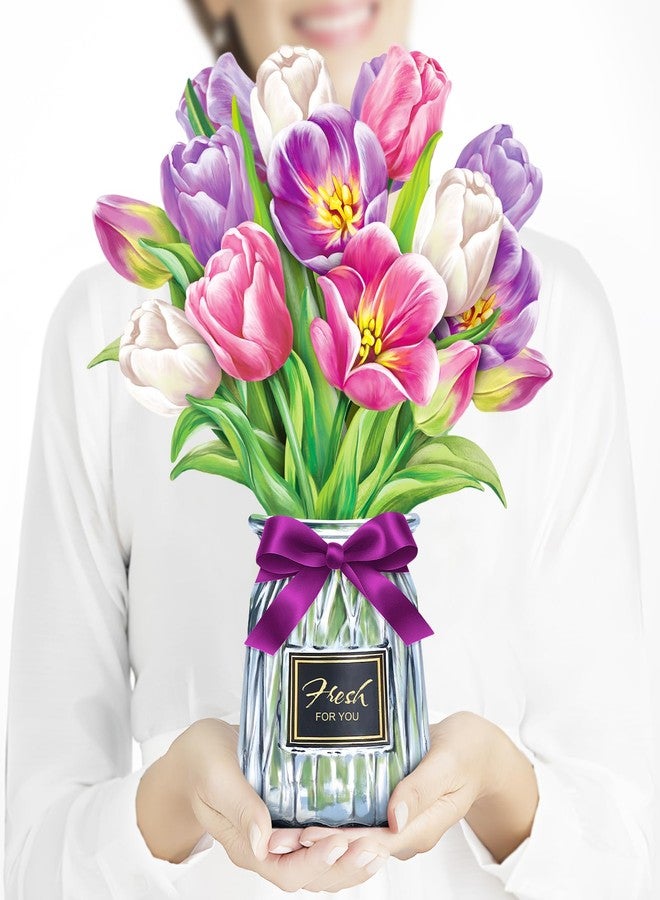Airpark Pop Up Flower Bouquet Card for Women, 3D Floral Greeting Card with Envelope and Note, Birthday Thank You Thinking of You Get Well Gift for Mom Friend Wife Teacher, Tulip - Image 1