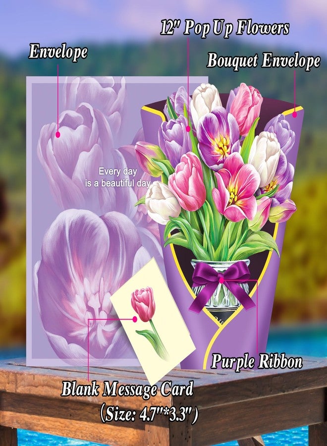 Airpark Pop Up Flower Bouquet Card for Women, 3D Floral Greeting Card with Envelope and Note, Birthday Thank You Thinking of You Get Well Gift for Mom Friend Wife Teacher, Tulip - Image 2