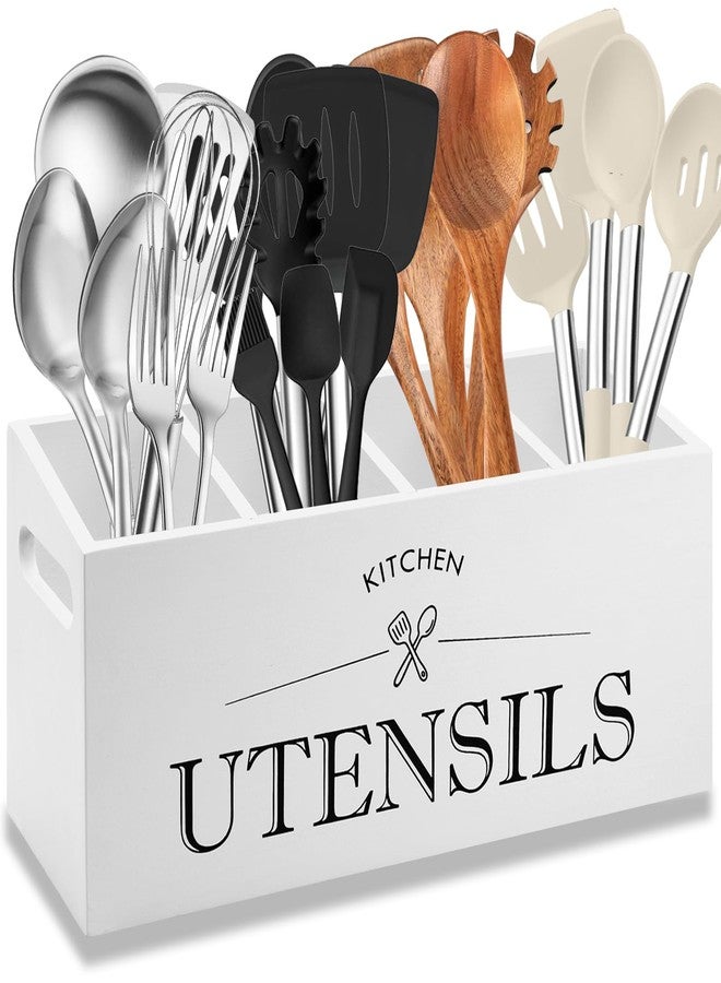 KJEC Kitchen Utensil Holder with 4 Compartments, Wooden Utensil Organizer for Countertop, Ideal for Storage and Organization, Rustic Cooking Utensil Kitchen Tool, White - Image 1