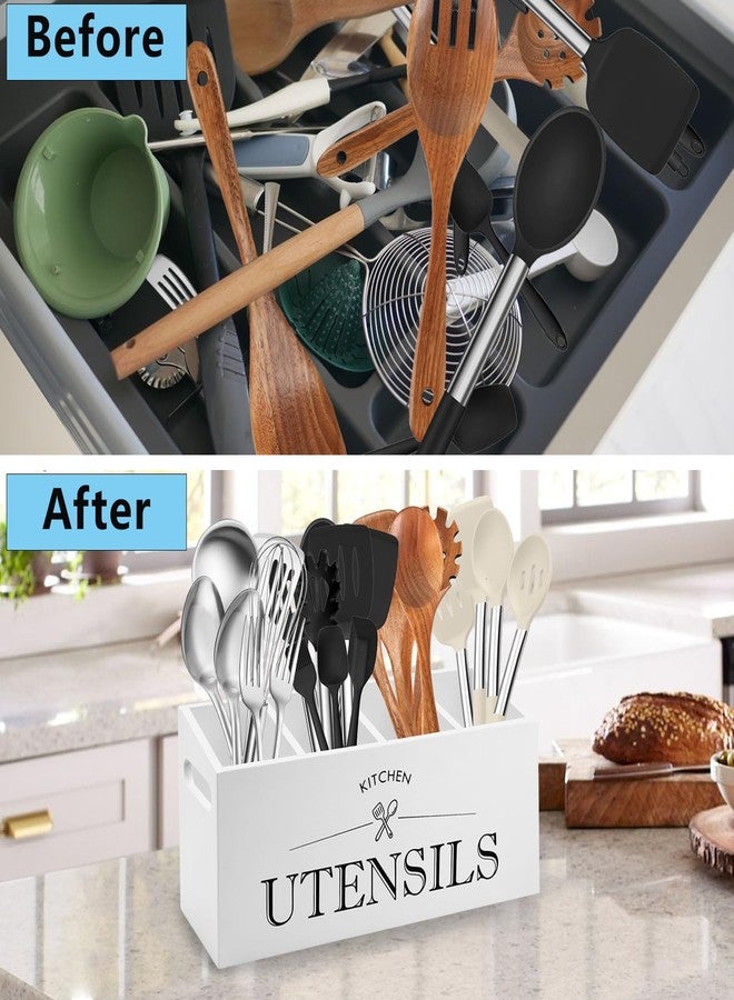 KJEC Kitchen Utensil Holder with 4 Compartments, Wooden Utensil Organizer for Countertop, Ideal for Storage and Organization, Rustic Cooking Utensil Kitchen Tool, White - Image 5