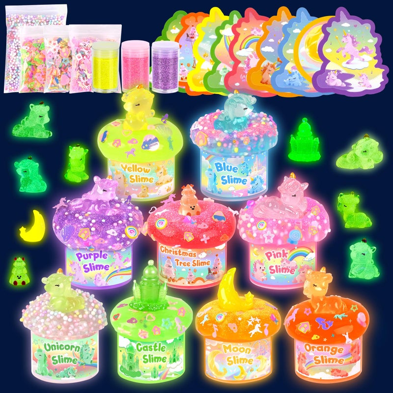 Okaybee Unicorn Magic GlowinTheDark Slime Kit 9 Pack with Glow Charms DIY Slime Set Sensory Toys Rainbow Slimes Party Favors for Girls Boys Gift - Image 3