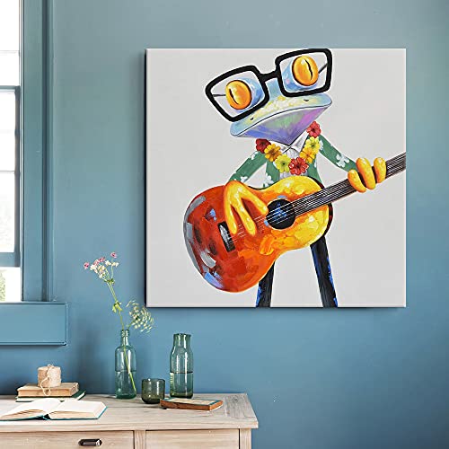 JAPO ART Hawaiian Frog Play Guitar Funny Animal with Glasses Canvas wall art 100% Handpainted Frog Painting Pictures Wall Decor for Home Kidroom Bedroom Livingroom 24x24Inch - Image 3