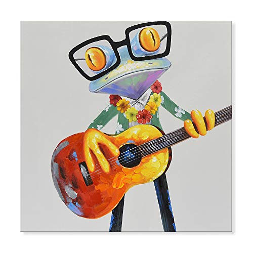 JAPO ART Hawaiian Frog Play Guitar Funny Animal with Glasses Canvas wall art 100% Handpainted Frog Painting Pictures Wall Decor for Home Kidroom Bedroom Livingroom 24x24Inch - Image 1