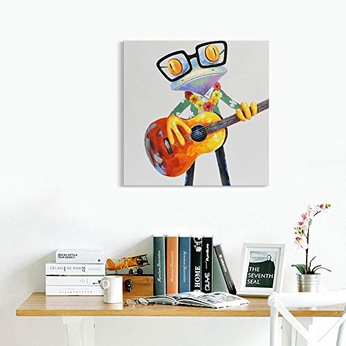 JAPO ART Hawaiian Frog Play Guitar Funny Animal with Glasses Canvas wall art 100% Handpainted Frog Painting Pictures Wall Decor for Home Kidroom Bedroom Livingroom 24x24Inch - Image 4