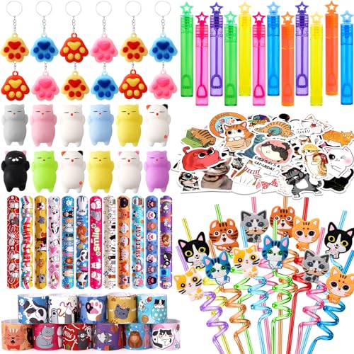 Winrayk Cat Party Favors Birthday Supplies for Kids Girls Squishy Toy Straw Mini Bubble Wand Keychain Slap Bracelet Sticker Classroom Pinata Filler Goodie Bag Stuffer Cat Themed Party Favors Decor - Image 1