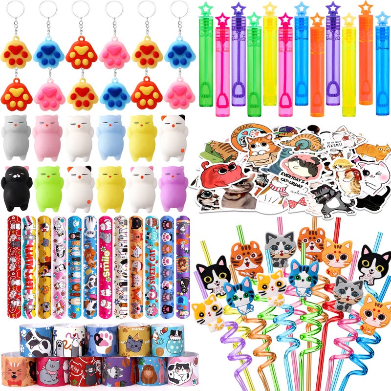 Winrayk Cat Party Favors Birthday Supplies for Kids Girls Squishy Toy Straw Mini Bubble Wand Keychain Slap Bracelet Sticker Classroom Pinata Filler Goodie Bag Stuffer Cat Themed Party Favors Decor - Image 3