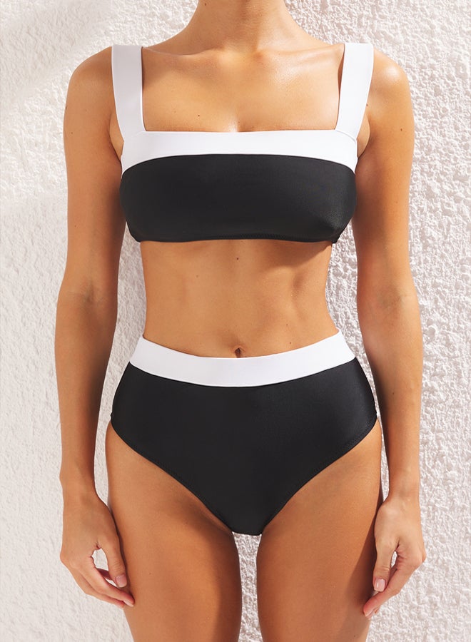 trendyol Black-White Bralette Color Block High Waist Regular Bikini Set  - Image 3