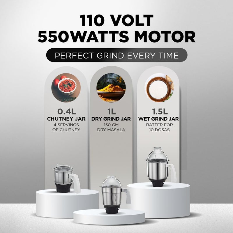 بريثي Preethi Eco Plus MG-138 110V, 550 Watt Mixer Grinder with 3 Jars (0.4L Chutney grinding Jar + 1.0L dry grinding Jar + 1.5L Wet grinding Jar, Stainless Steel) - Only use in USA & Canada 1.5 L 550 W Eco Plus white - Image 2