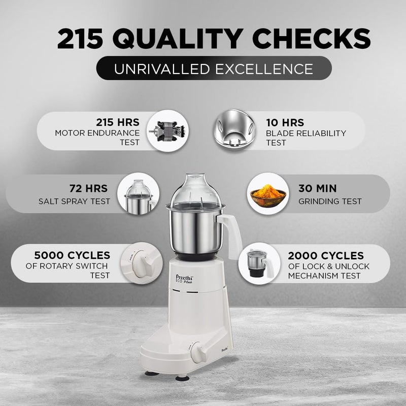 بريثي Preethi Eco Plus MG-138 110V, 550 Watt Mixer Grinder with 3 Jars (0.4L Chutney grinding Jar + 1.0L dry grinding Jar + 1.5L Wet grinding Jar, Stainless Steel) - Only use in USA & Canada 1.5 L 550 W Eco Plus white - Image 4