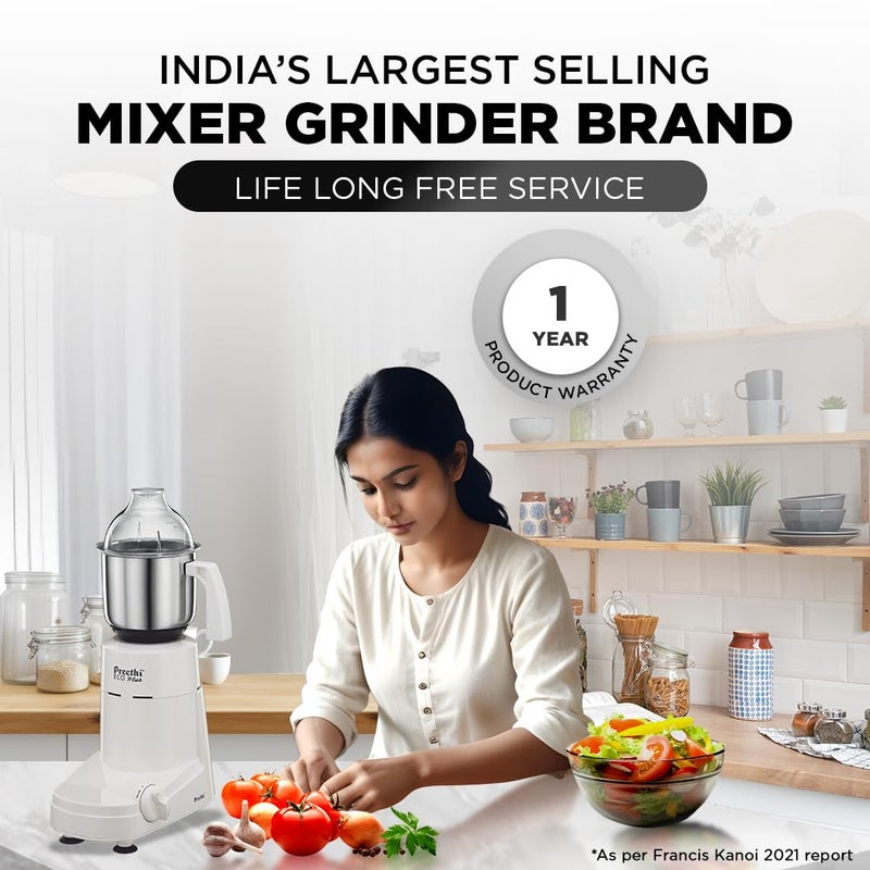 بريثي Preethi Eco Plus MG-138 110V, 550 Watt Mixer Grinder with 3 Jars (0.4L Chutney grinding Jar + 1.0L dry grinding Jar + 1.5L Wet grinding Jar, Stainless Steel) - Only use in USA & Canada 1.5 L 550 W Eco Plus white - Image 5