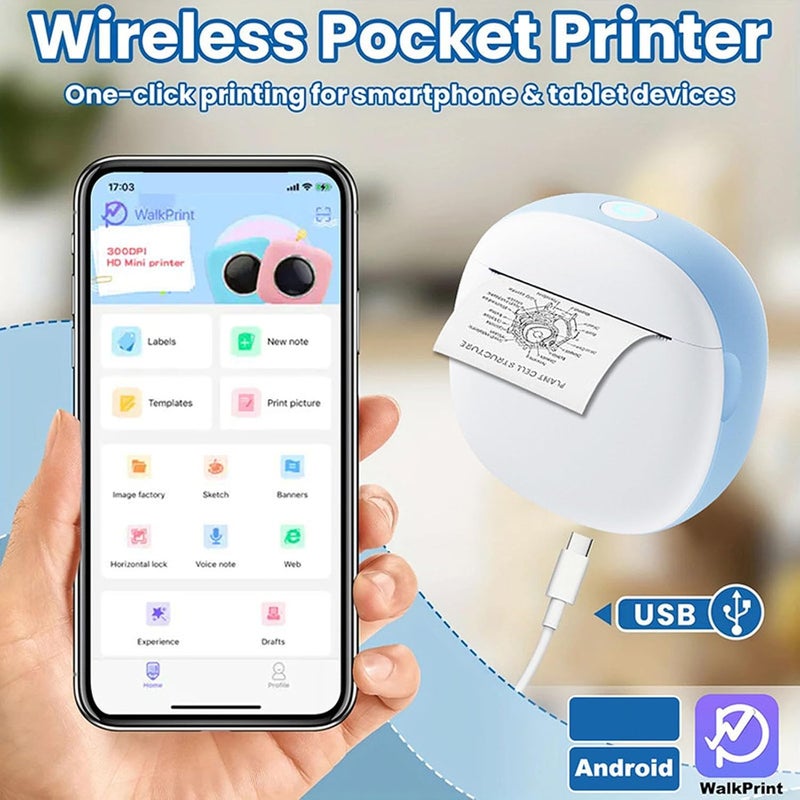 Yunseity Mini Sticker Printer, Black and White Bluetooth Thermal Label Printer with 1 Roll Paper, Portable Inkless Label Maker Machine Instant Print for Photo Notes Journal Memo (Blue) - Image 2