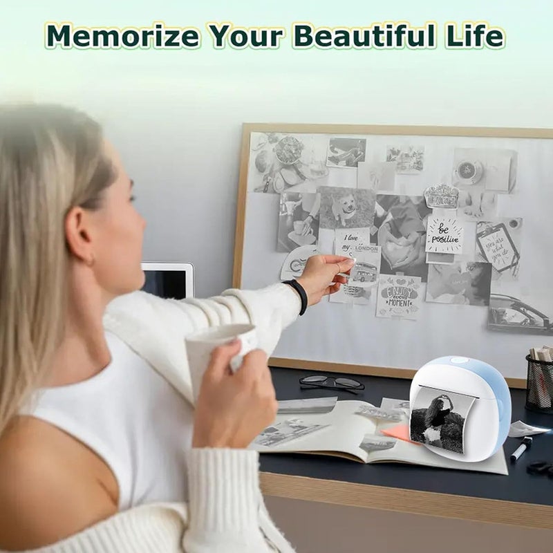 Yunseity Mini Sticker Printer, Black and White Bluetooth Thermal Label Printer with 1 Roll Paper, Portable Inkless Label Maker Machine Instant Print for Photo Notes Journal Memo (Blue) - Image 5