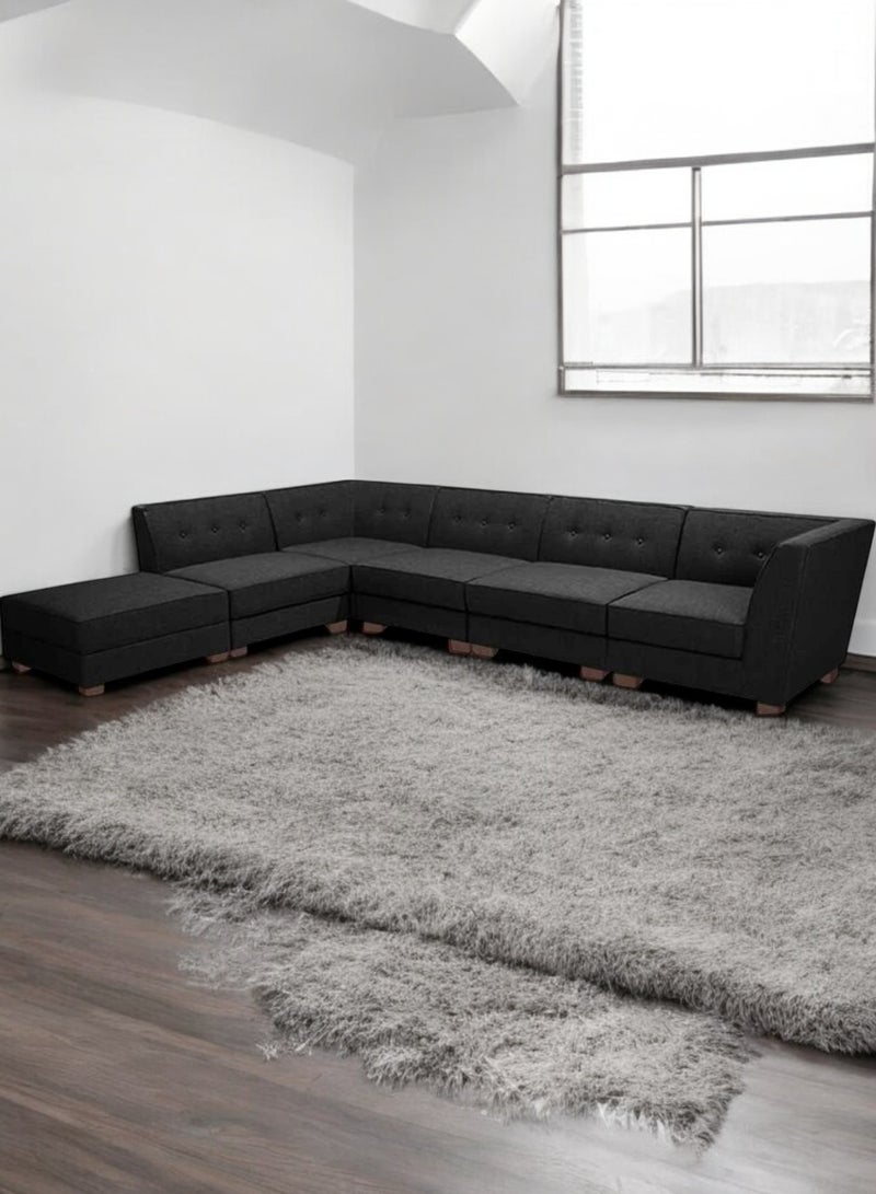 Karnak 6 Seater Sahra L-Shaped Corner Sofa – Linen Fabric with Tufted Design Backrest Cushion Color Light Black - Image 4