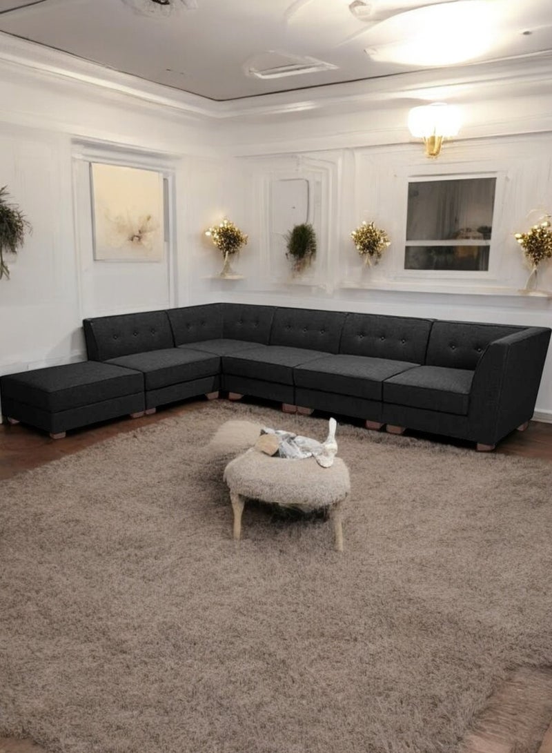 Karnak 6 Seater Sahra L-Shaped Corner Sofa – Linen Fabric with Tufted Design Backrest Cushion Color Light Black - Image 2