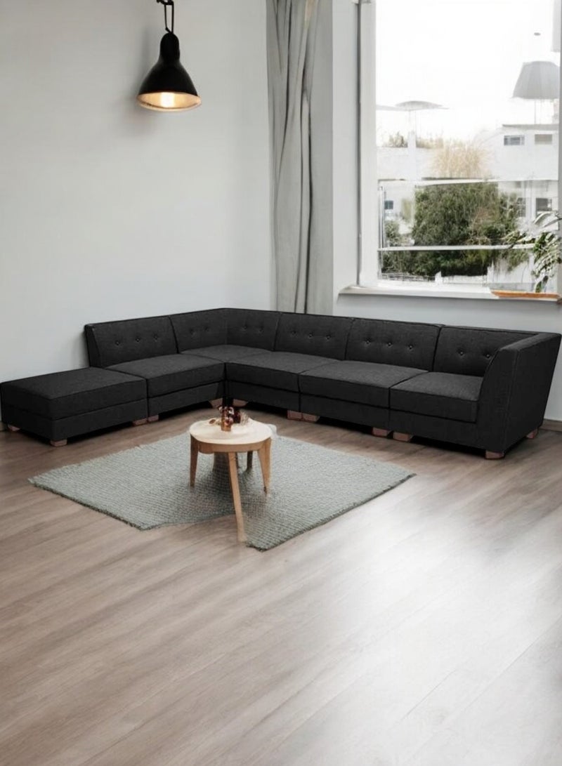 Karnak 6 Seater Sahra L-Shaped Corner Sofa – Linen Fabric with Tufted Design Backrest Cushion Color Light Black - Image 1