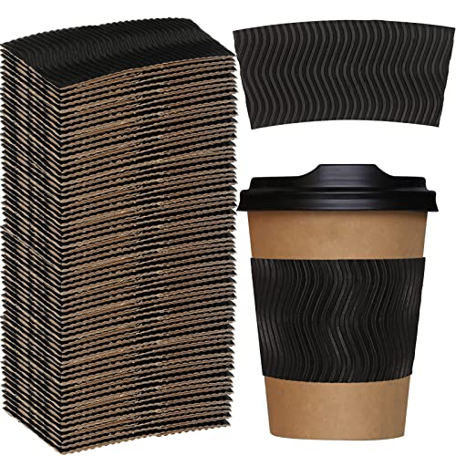 Patelai 100 Pcs Black Disposable Coffee Cup Sleeves for Hot Drinks Wavy Pattern Paper Corrugated Cup Sleeves for Heat Insulation Fits 12 16 20 22 24 oz Cold Bulk Jacket Holder - Image 2