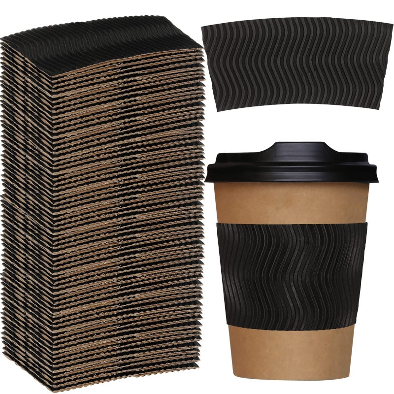 Patelai 100 Pcs Black Disposable Coffee Cup Sleeves for Hot Drinks Wavy Pattern Paper Corrugated Cup Sleeves for Heat Insulation Fits 12 16 20 22 24 oz Cold Bulk Jacket Holder - Image 3