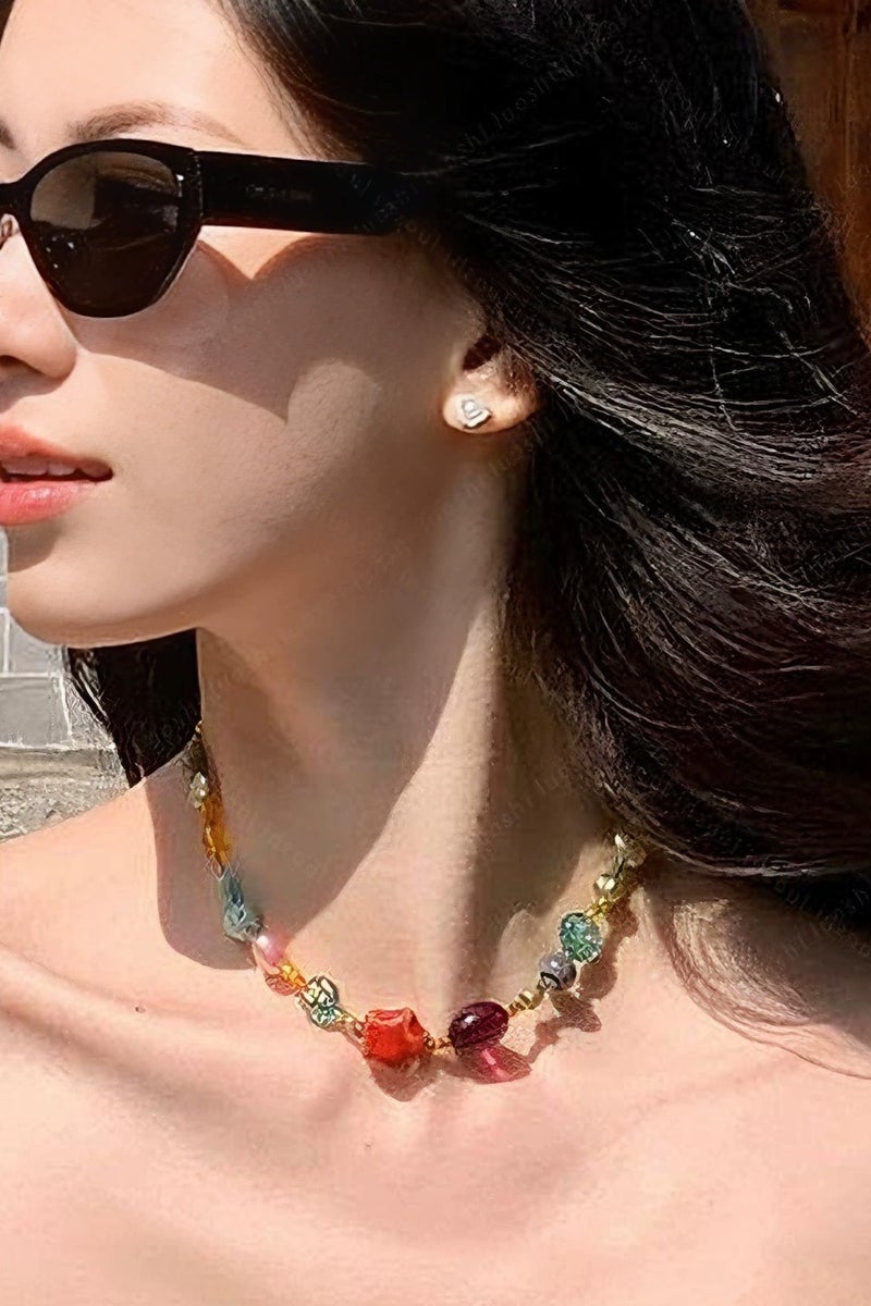 Goolsky قلادة تشوكر نجمة من زجاج الدوبامين الملهم للنساء - سلسلة رقيقة على عظمة الترقوة بأسلوب عرقي ملون، أسلوب إندي Y2K - Image 1