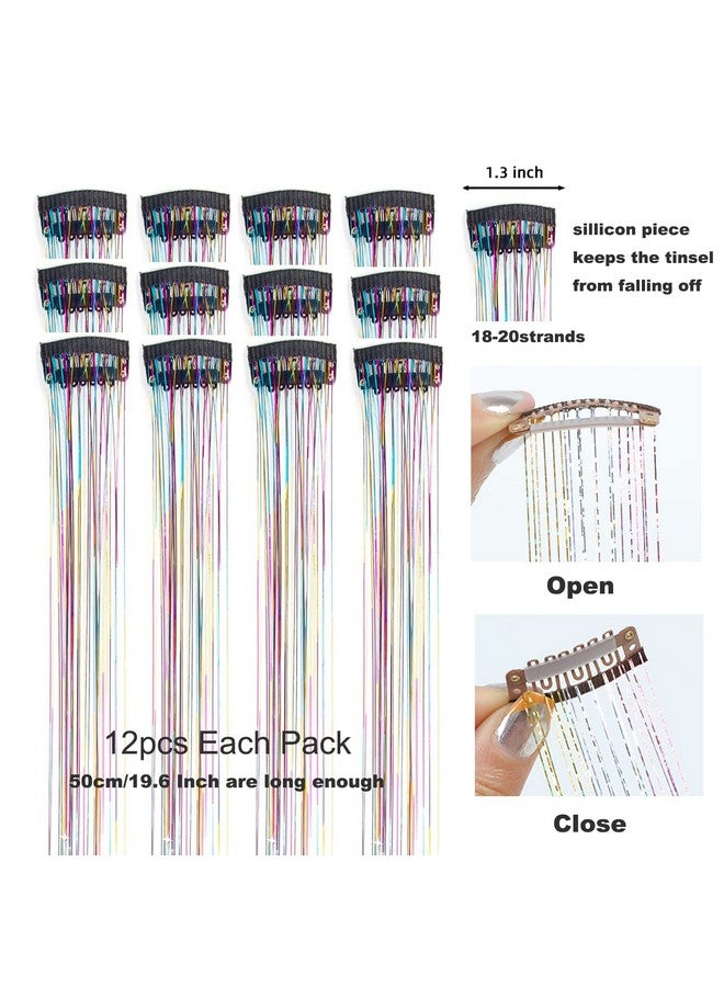 YOOONXI 12Pcs Hair Tinsel Clip In 19.6Inch Glitter Tinsel Hair Extensions Clip In Hair Tinsel Kit Heat Resistant Shiny Sparkle Fairy Hair Accessories For Women Girls Kids (Mixed Color) - Image 3