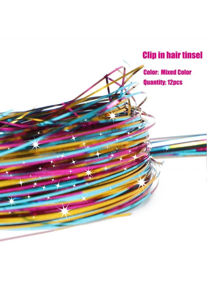 YOOONXI 12Pcs Hair Tinsel Clip In 19.6Inch Glitter Tinsel Hair Extensions Clip In Hair Tinsel Kit Heat Resistant Shiny Sparkle Fairy Hair Accessories For Women Girls Kids (Mixed Color) - Image 2