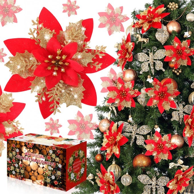 Poinsettia Christmas Decorations Flowers 12Pcs Artificial Red Gold Poinsettia Christmas Tree Ornaments Glittery for Xmas New Year Wedding Party Wreath DIY Garland Decor Red