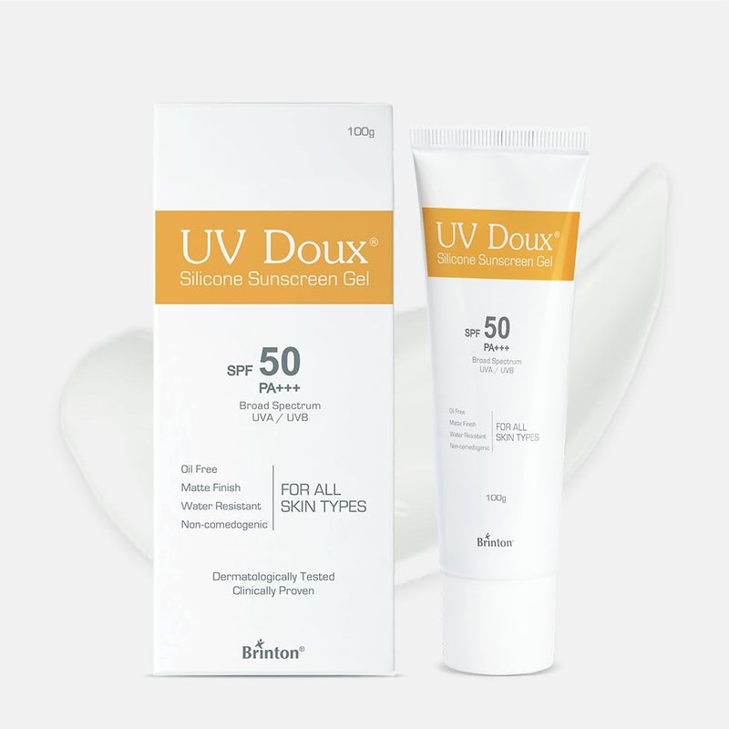 Brinton جل واقي الشمس السيليكوني UV Doux مع SPF 50 و PA طيف واسع للوجه والجسم بدون أثر أبيض غير كوميدوغيني خالي من البارابين معتمد من قبل أطباء الجلد 100 جرام - Image 1