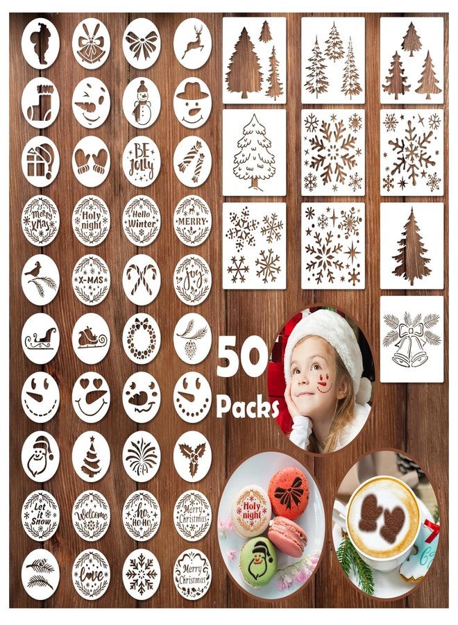 Partywind 50 PCS Christmas Cookie Stencils Templates, Reusable Christmas Stencils for Royal Icing/Cake/Coffee Decorations, Xmas Holiday Ornaments Accessories, Party Supplies Favors - Image 1