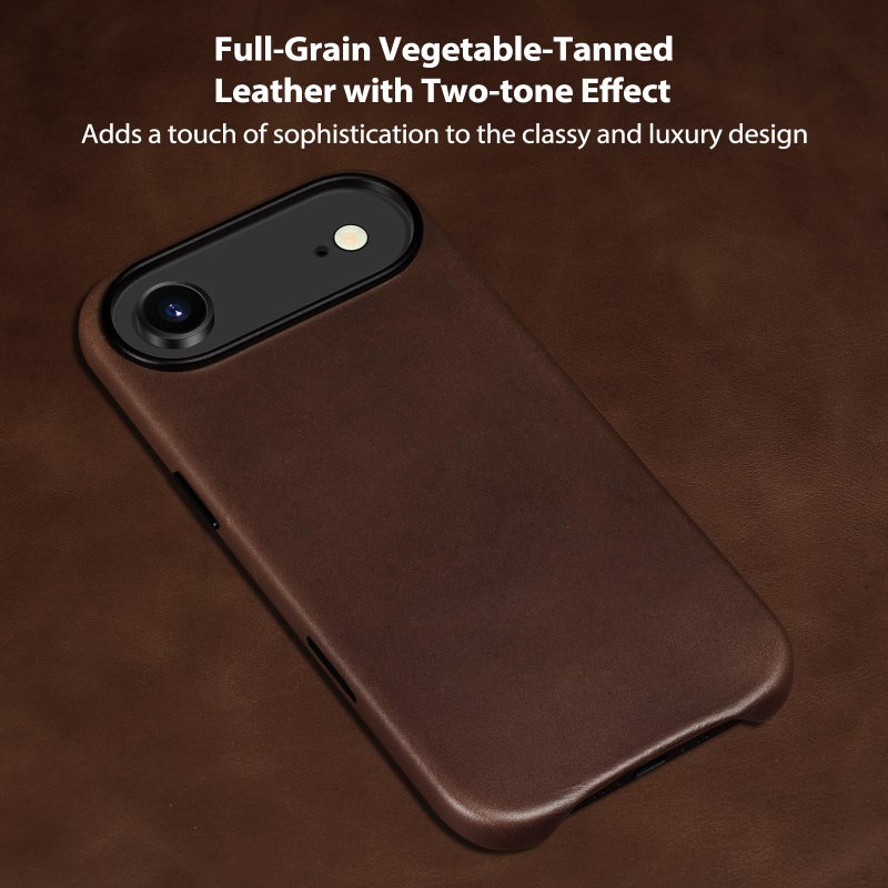 Belemay Handcrafted Full-Grain Vegetable-Tanned Leather Case for iPhone 17 Air, Compatible with MagSafe, Two-Tone Effect, Natural Patina, Camera Control Button, Metal Buttons (6.5") Bourbon Brown - Image 2