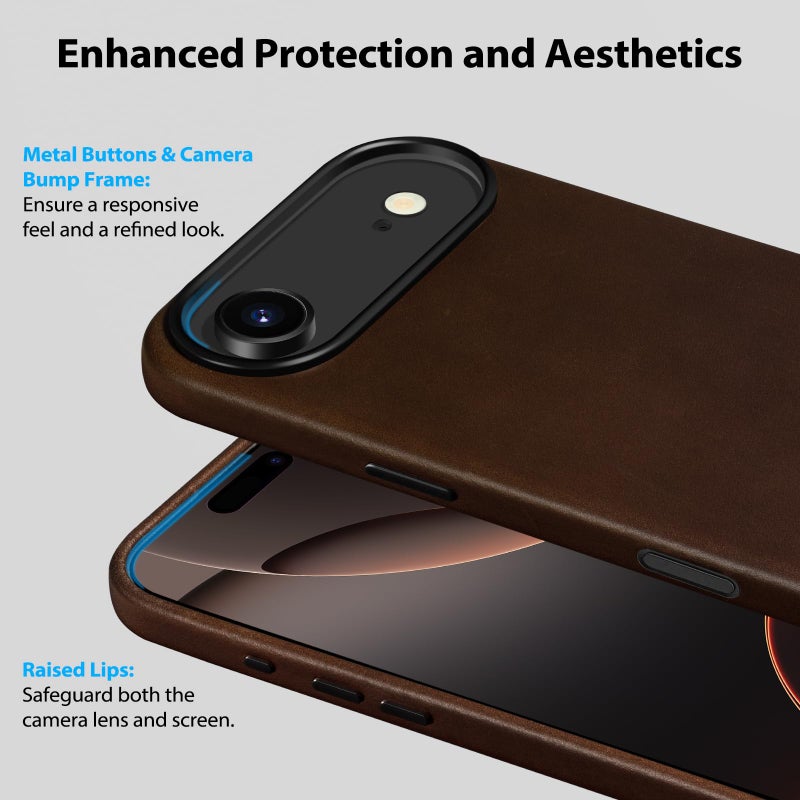 Belemay Handcrafted Full-Grain Vegetable-Tanned Leather Case for iPhone 17 Air, Compatible with MagSafe, Two-Tone Effect, Natural Patina, Camera Control Button, Metal Buttons (6.5") Bourbon Brown - Image 5