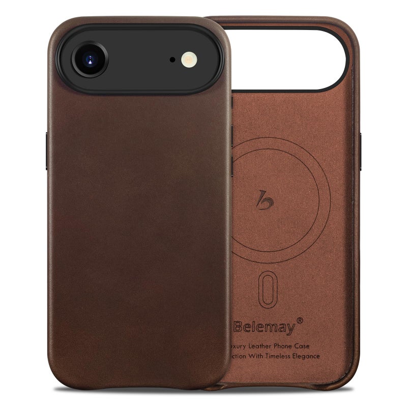 Belemay Handcrafted Full-Grain Vegetable-Tanned Leather Case for iPhone 17 Air, Compatible with MagSafe, Two-Tone Effect, Natural Patina, Camera Control Button, Metal Buttons (6.5") Bourbon Brown - Image 1