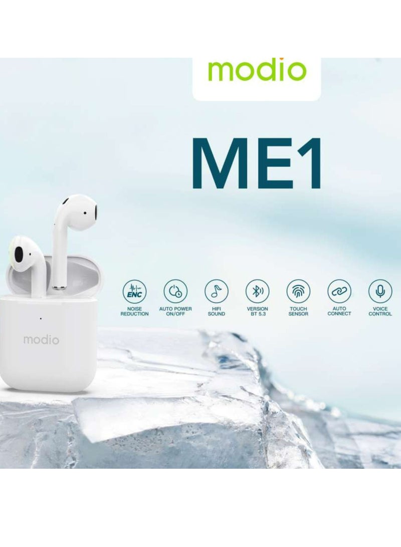 modio ME1 True Wireless Bluetooth Earbuds Pro – Compact Design, Long Battery, Touch Controls, Comfortable Fit – White - Image 3