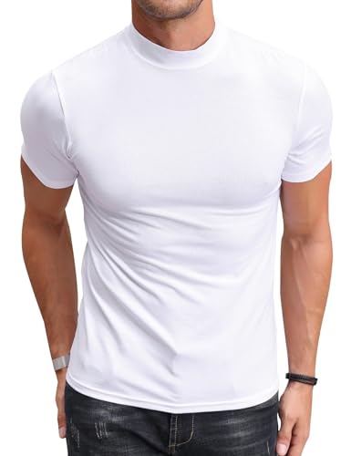 Poriff Men's Casual Mock Turtleneck Tops Short Sleeve Solid Color T-Shirts Basic Slim Fit Pullover Tees 2 Pack(Black+White) M - Image 2