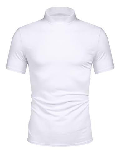 Poriff Men's Casual Mock Turtleneck Tops Short Sleeve Solid Color T-Shirts Basic Slim Fit Pullover Tees 2 Pack(Black+White) M - Image 3