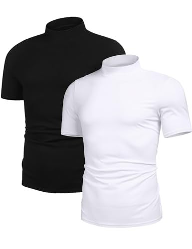 Poriff Men's Casual Mock Turtleneck Tops Short Sleeve Solid Color T-Shirts Basic Slim Fit Pullover Tees 2 Pack(Black+White) M - Image 1