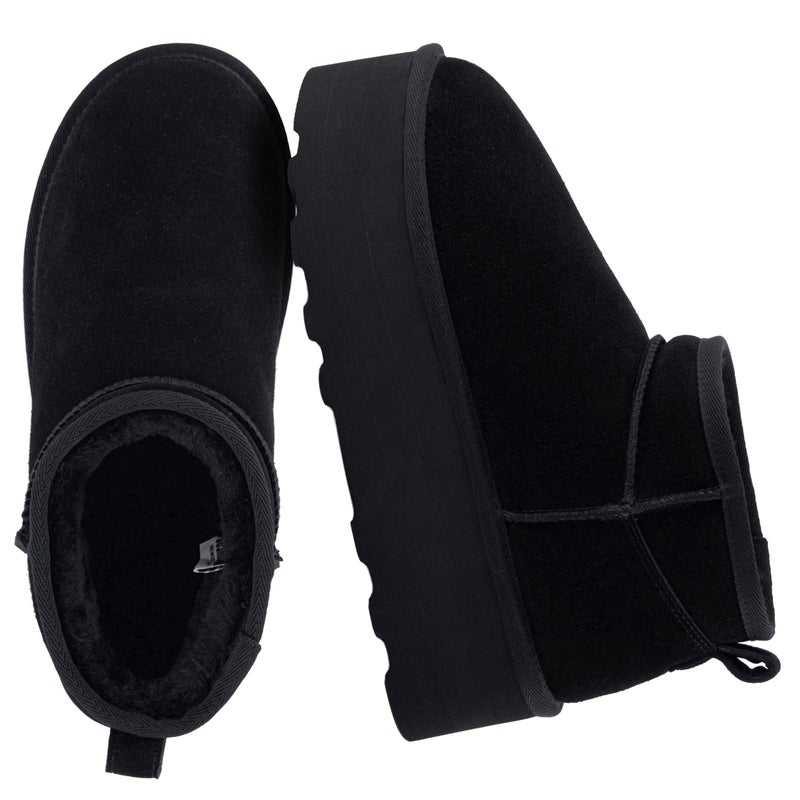 CUSHIONAIRE Hippy Womenâ€™s Platform Ankle Boots â€“ Genuine Suede, Faux Fur Lining, Cozy Winter Slip-On Design Mini boots, BLACK 11 - Image 1