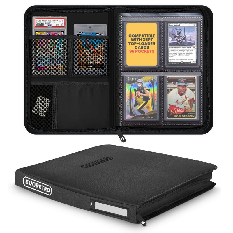 EVORETRO 4 Pocket Top Loader Binder for PokÃ©mon, MTG, Lorcana & Sports Cards â€“ Small Toploader Binder Fits 2x2 Toploaders 35ptâ€“55pt, 96 Slots with 2 PSA Slab Pockets - Image 1