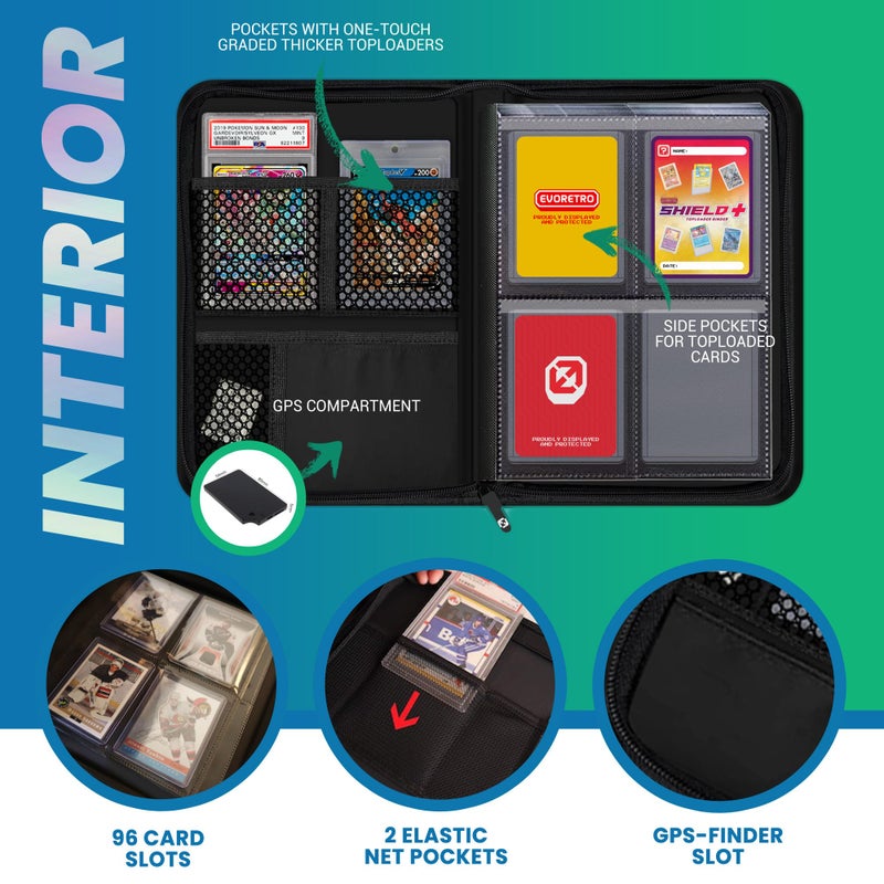 EVORETRO 4 Pocket Top Loader Binder for PokÃ©mon, MTG, Lorcana & Sports Cards â€“ Small Toploader Binder Fits 2x2 Toploaders 35ptâ€“55pt, 96 Slots with 2 PSA Slab Pockets - Image 3