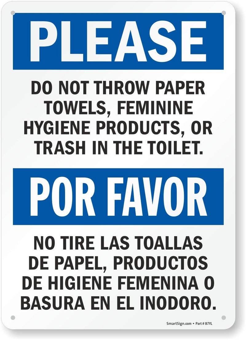 SmartSign "Please Do Not Throw Paper Towels, Feminine Hygiene Products, Or Trash In The Toilet" Bilingual Sign | 10" x 14" Plastic - Image 1